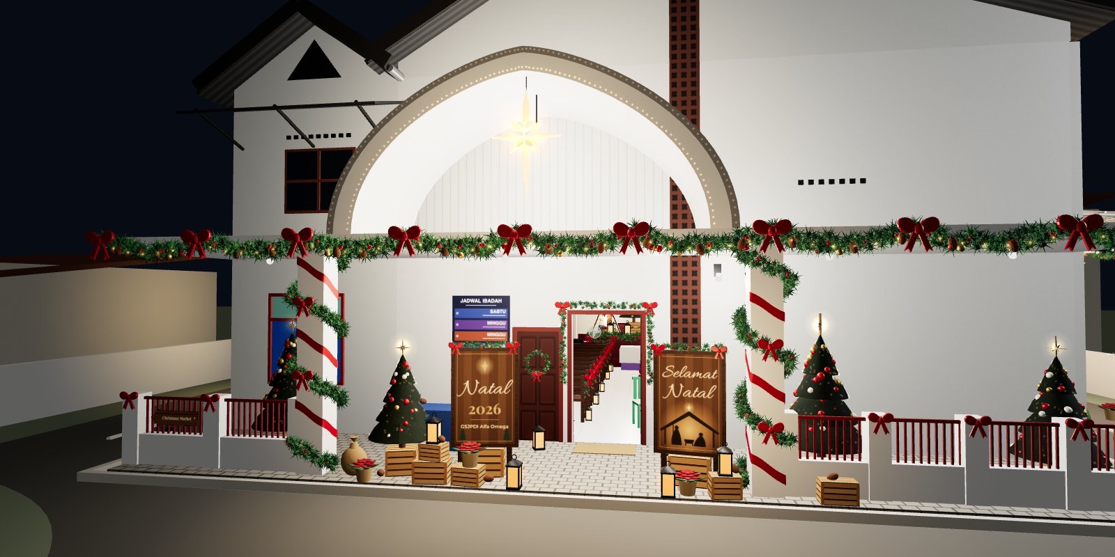 Model 3D gereja dengan dekorasi Natal pada malam hari