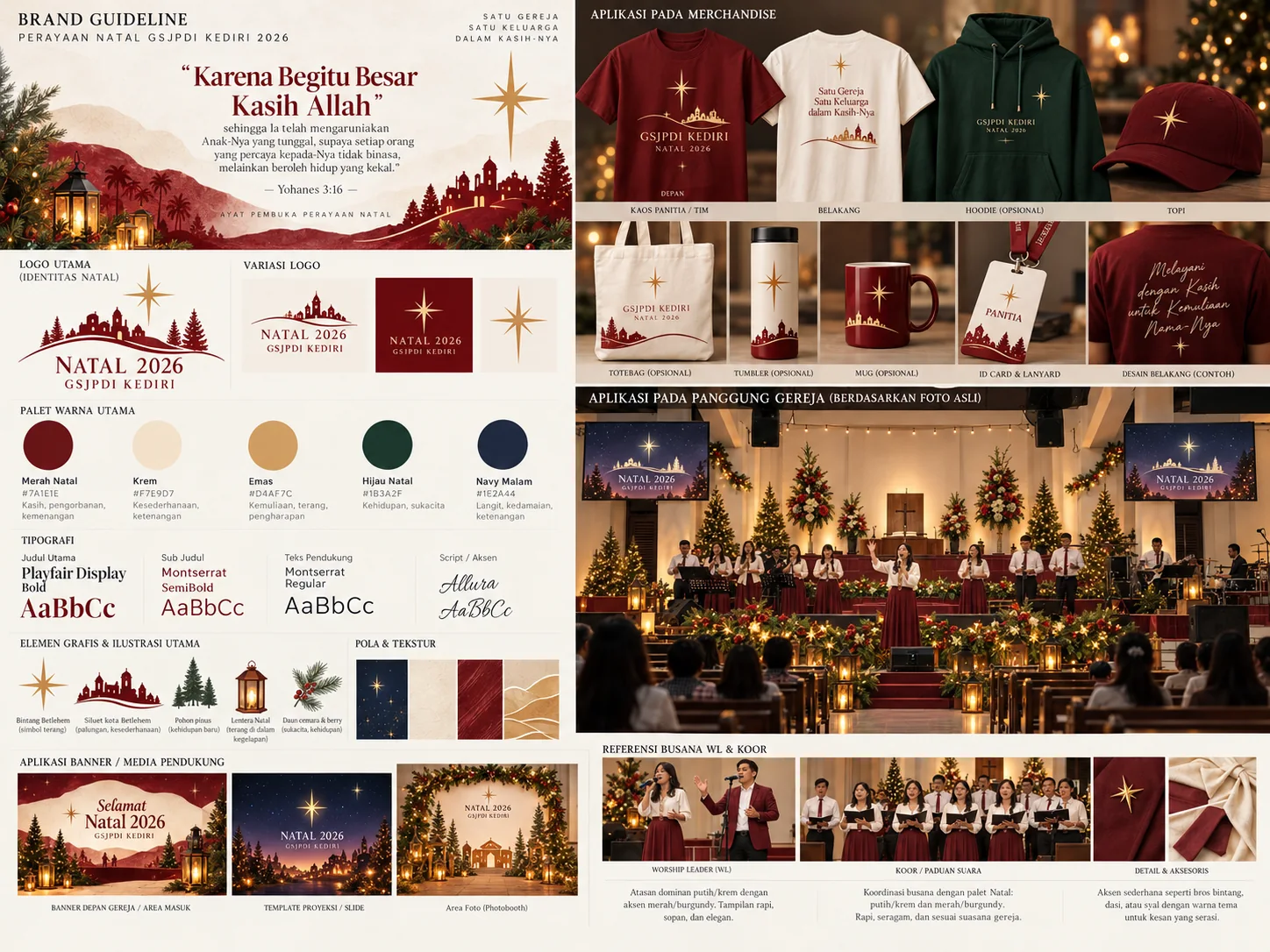 Brand guideline Natal 2026: logo, palet, tipografi, merchandise, dan panggung