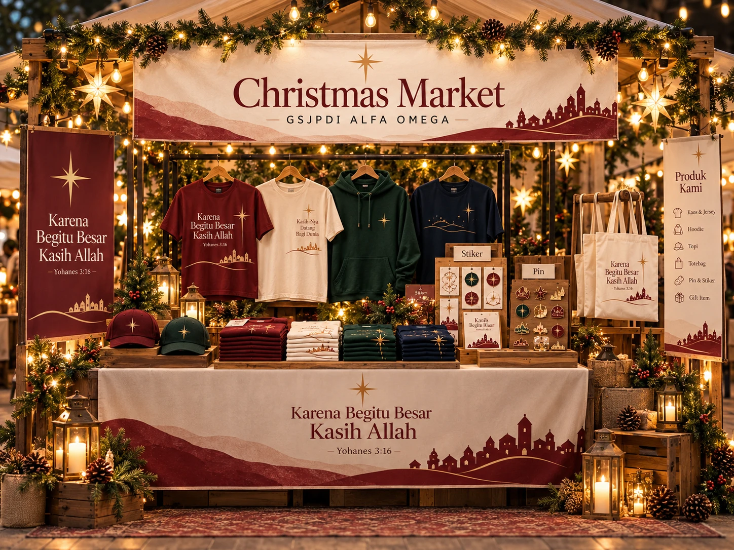Mockup stan Christmas Market GSJPDI Alfa Omega dengan kaos, hoodie, topi, tote bag, pin, dan stiker di bawah lampu hangat