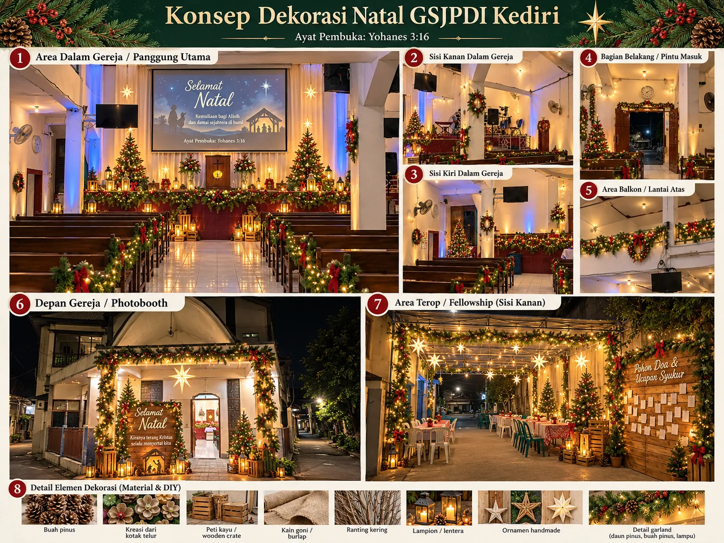 Papan konsep dekorasi Natal untuk panggung, photobooth, dan terop