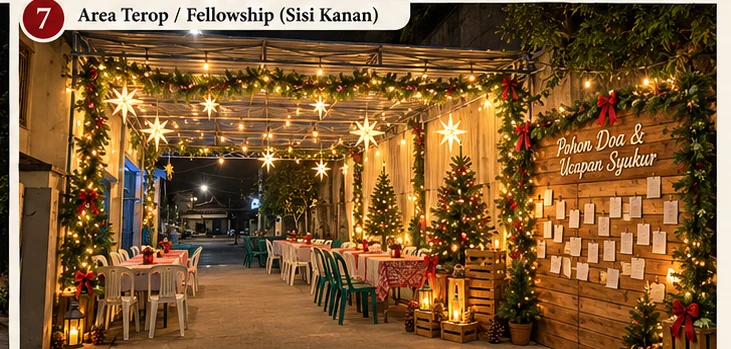 Mockup area terop dengan lampu gantung dan papan doa