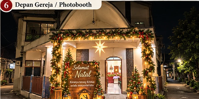 Mockup photobooth di depan gereja dengan bintang dan rangkaian daun