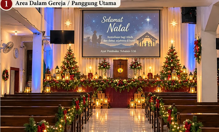 Mockup dekorasi panggung utama dengan pohon Natal, lampu hangat, dan layar proyektor